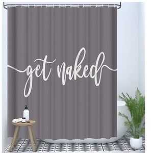 Gray Shower Curtain with White Text